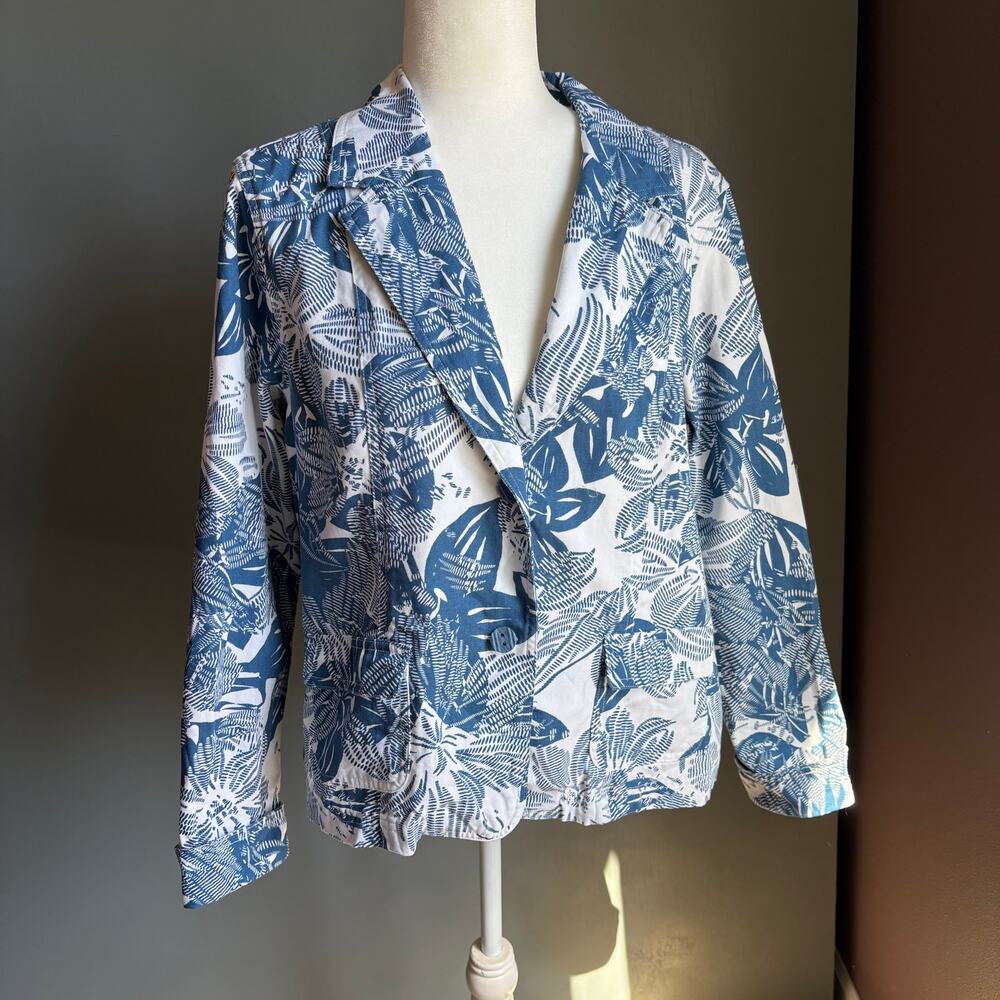 COLDWATER CREEK Women's XL Petit Blue White Floral Notch Lapel Cotton Blazer - Picture 2 of 11